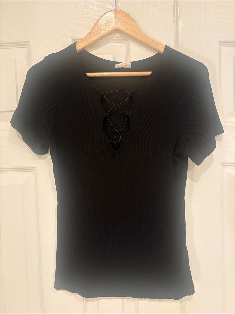 LNA Black Lace-Up Rib Knit Women's Top